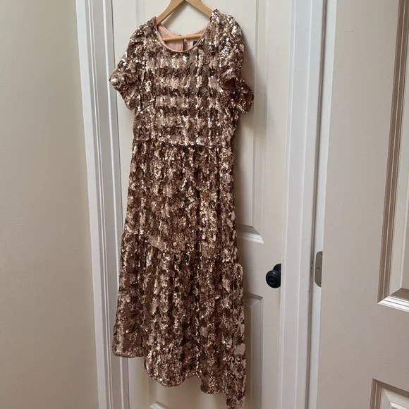 Anthropologie Maeve Bernadette Rose Gold Sequin Tiered Midi Dress Size M - Picture 9 of 17